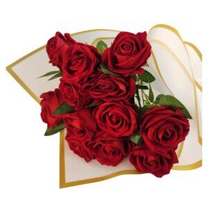 Hand Tied Dozen Red Velvet Roses Artificial Bouquet Valentine Gift Romantic Deco
